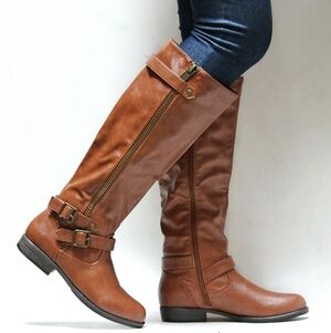 New Tan Buckle Western Knee High Boots